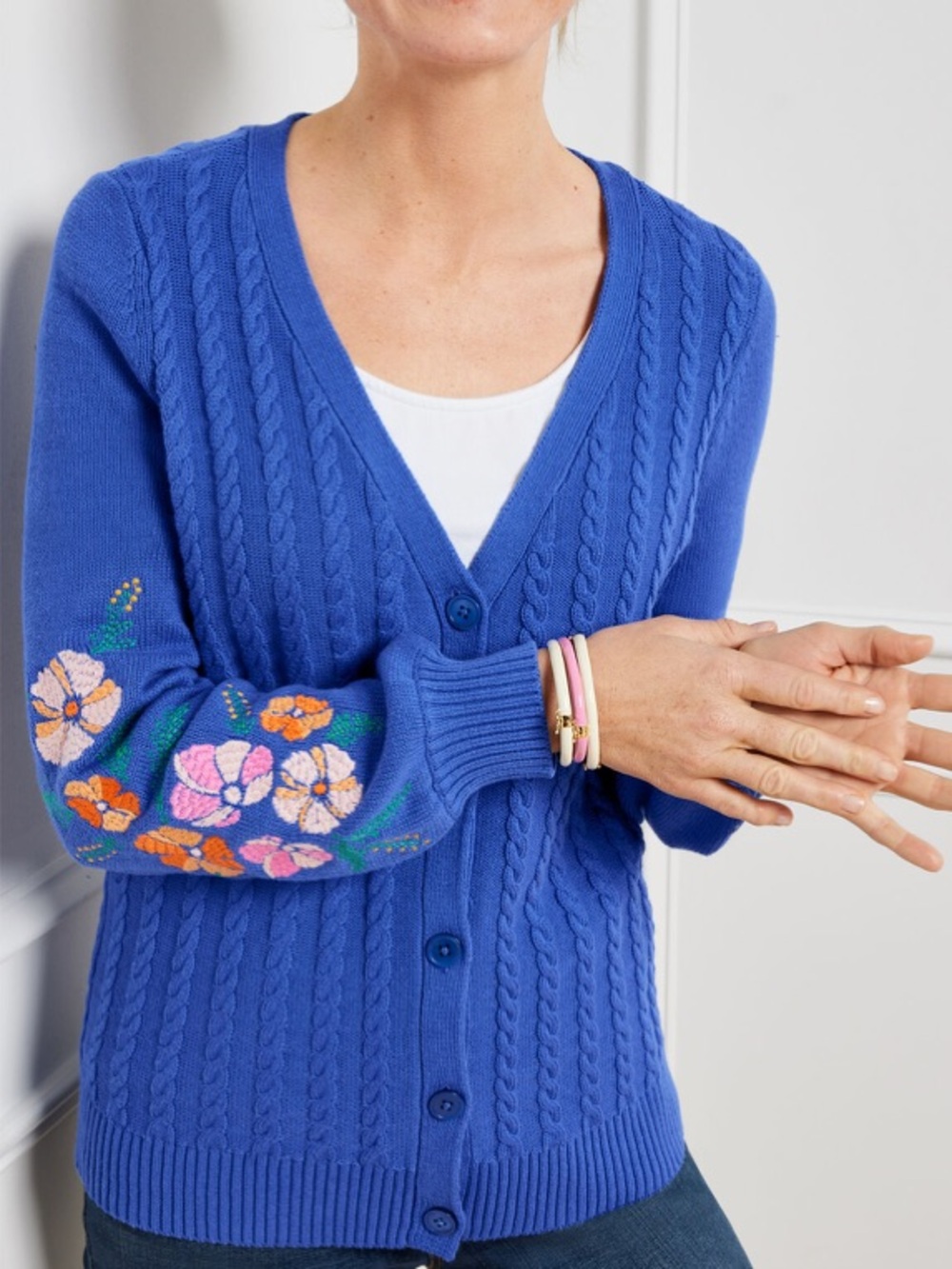 TALBOTS Women’s Embroidered Cable Knit Blue Floral Cardigan